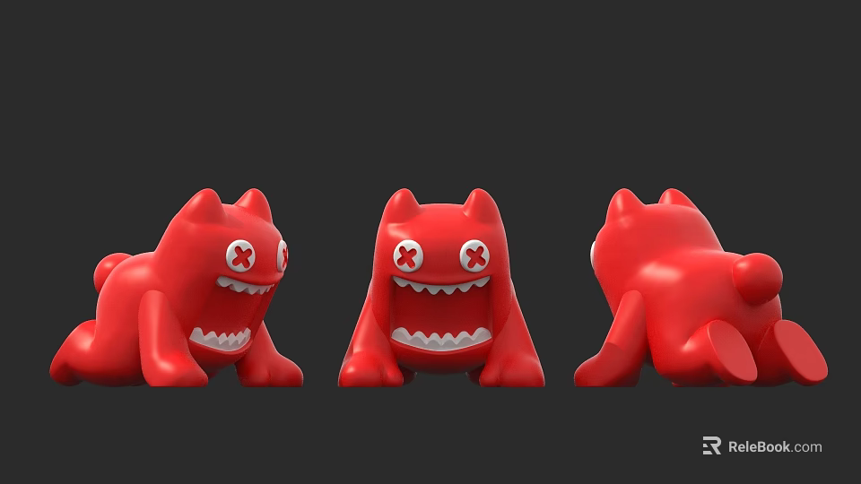 Red Monster Dolls With White X Eyes Big Open Mouths Sharp Teeth Three Angles 3d model