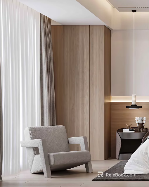 Comfortable Gray Accent Chair in Modern Interior With Wooden Wall Curtains and Side Table 3d model 