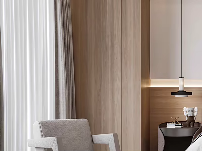 Comfortable Gray Accent Chair in Modern Interior With Wooden Wall Curtains and Side Table 3d model