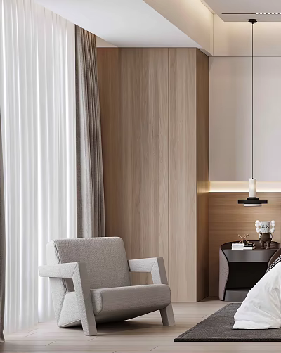 Comfortable Gray Accent Chair in Modern Interior With Wooden Wall Curtains and Side Table 3d model
