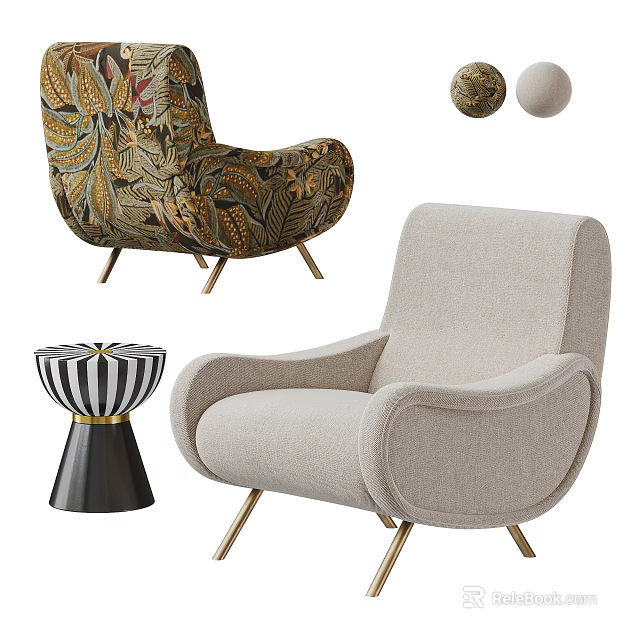 Modern Accent Chairs With Leaf Patterned Fabric Neutral Tones Striped Stool And Round Decor Pieces 3d model 