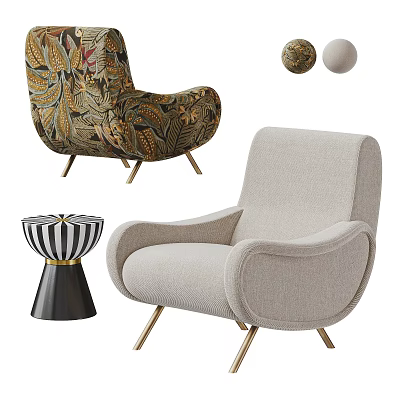 Modern Accent Chairs With Leaf Patterned Fabric Neutral Tones Striped Stool And Round Decor Pieces 3d model