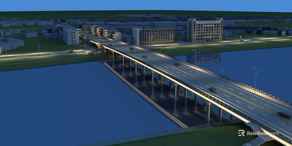 Modern Highway Bridge Spanning River With Urban Buildings Vehicles And Road Illumination 3d model 