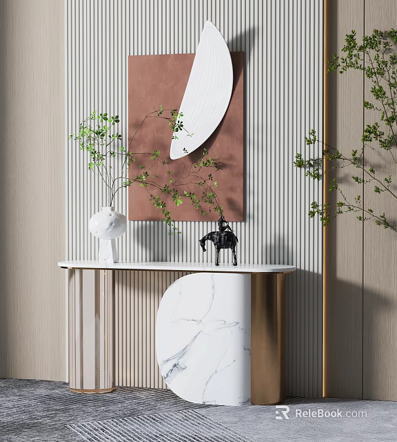 Modern Console Table With Marble Top Green Plants And Round Mirror 3d model