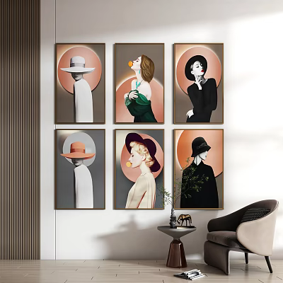 Six Stylish Portrait Paintings Featuring Women in Fashionable Hats With Circular Backdrops For Modern Decoration 3d model