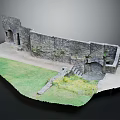 Ancient Stone Wall Model With Archway Steps And Green Grass Terrain 3d model