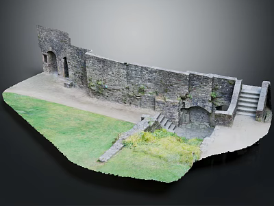 Ancient Stone Wall Model With Archway Steps And Green Grass Terrain 3d model