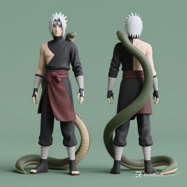 Anime White Haired Man Standing In Black And Red Clothing With Green Snake 3d model 
