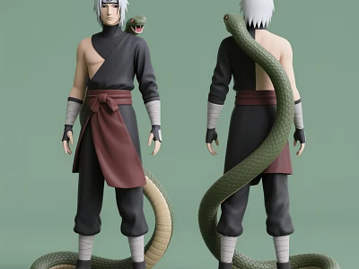 Anime White Haired Man Standing In Black And Red Clothing With Green Snake 3d model