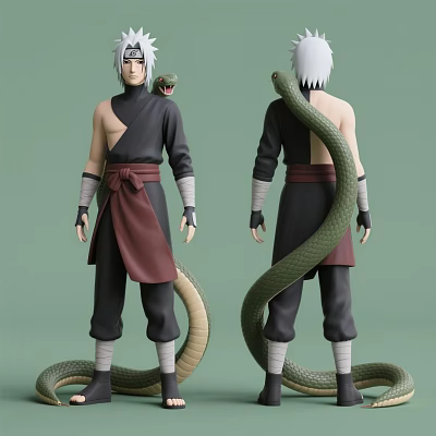 Anime White Haired Man Standing In Black And Red Clothing With Green Snake 3d model