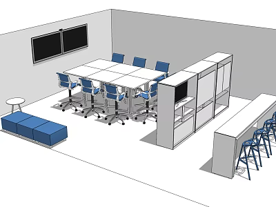 Conference Table With Blue Chairs Cabinet Screen Small Table And Blue Bench In Modern Room 3d model