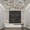 Elegant Modern Front Desk Reception Area With Marble Counter Decorative Wall Panel And Chandelier Lighting