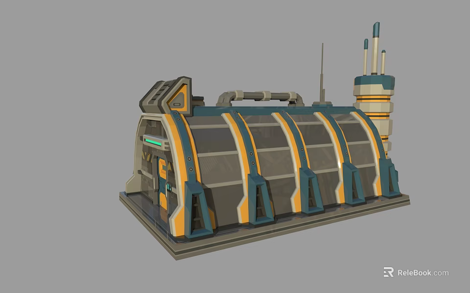 Futuristic Sci Fi Building With Curved Design Blue Orange Stripes And Tower 3d model 