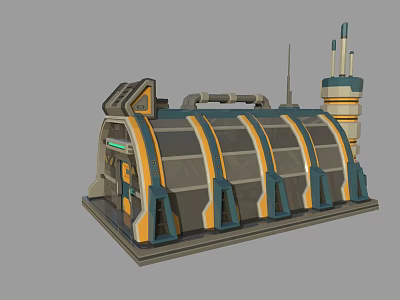 Futuristic Sci Fi Building With Curved Design Blue Orange Stripes And Tower 3d model