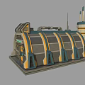 Futuristic Sci Fi Building With Curved Design Blue Orange Stripes And Tower