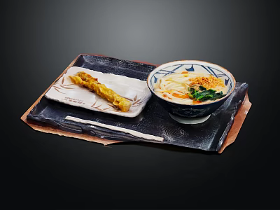Delicious Ramen Bowl With Green Vegetables And Tempura On Black Tray 3d model