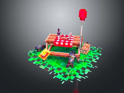 Picnic Table with Red and White Checkered Tablecloth Green Grass Characters Flag and Wooden Crate 3d model