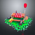Picnic Table with Red and White Checkered Tablecloth Green Grass Characters Flag and Wooden Crate