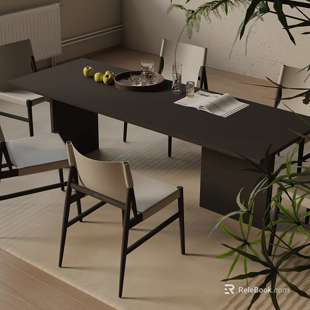 Modern Dining Table Set With Light Chairs Tray Glasses Fruits And Plant 3d model 