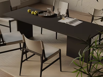 Modern Dining Table Set With Light Chairs Tray Glasses Fruits And Plant 3d model