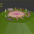 Cartoon Green Hill Scene with Round White Arena Cone Decorations Colorful Flags Stands and Stone Wall