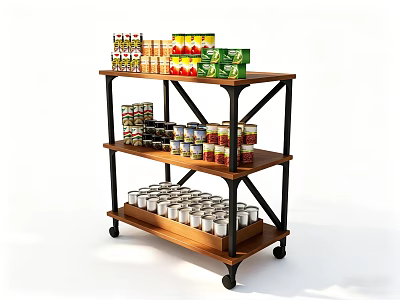 Commercial Mobile Multi Tier Shelving Unit With Wooden Shelves For Canned Goods 3d model