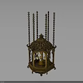 Antique Golden Lantern With Intricate Metal Frame And Hanging Chains