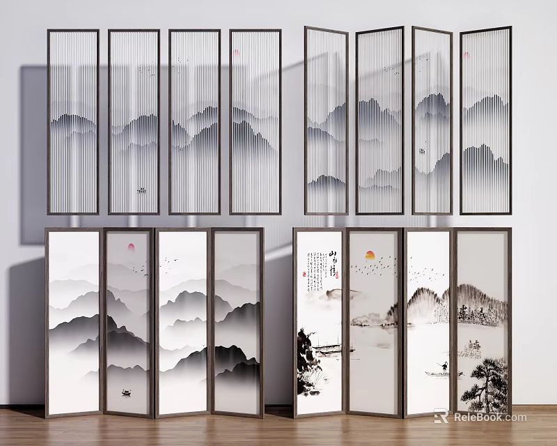Traditional Chinese Ink Landscape Folding Screen Room Divider With Multiple Panels 3d model