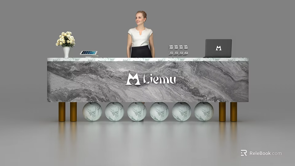 Modern Stylish Marble Reception Desk With Flower Vase Tablet Laptop And Professional Receptionist 3d model 