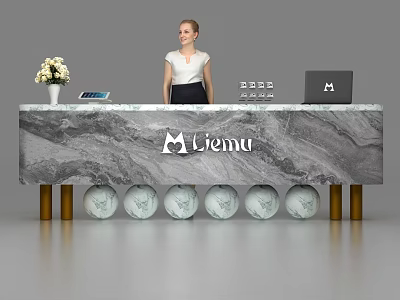Modern Stylish Marble Reception Desk With Flower Vase Tablet Laptop And Professional Receptionist 3d model