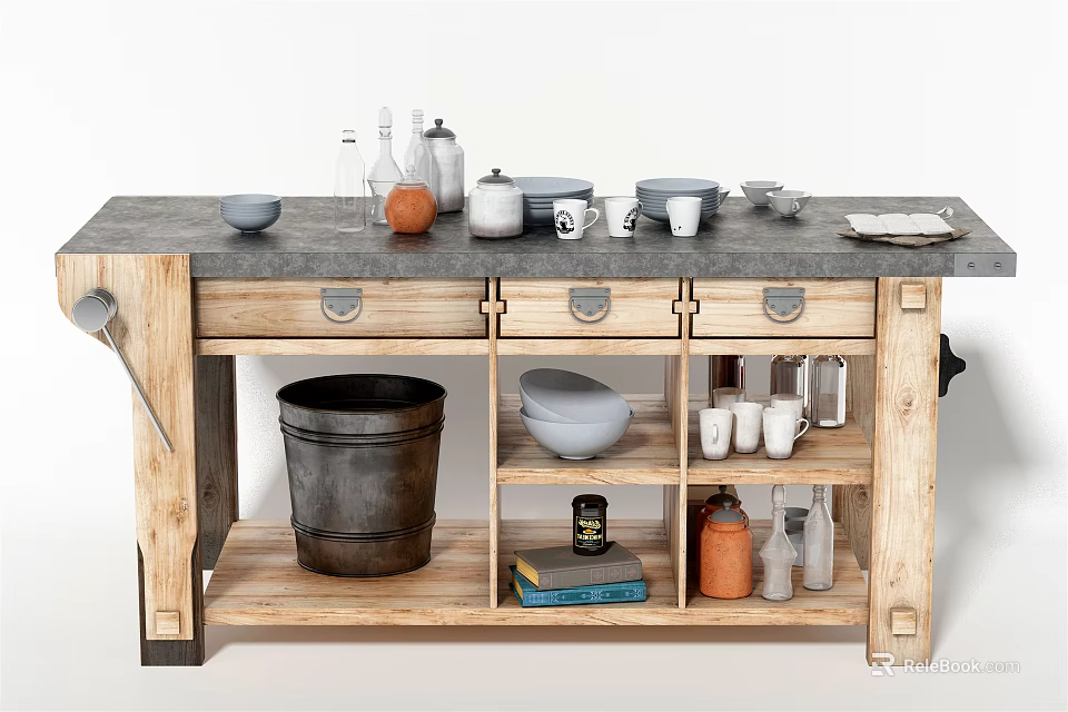 Vintage Wooden Sideboard With Storage Drawers Open Shelves And Kitchen Items 3d model 