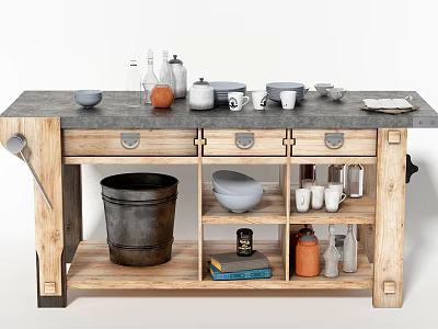 Vintage Wooden Sideboard With Storage Drawers Open Shelves And Kitchen Items 3d model
