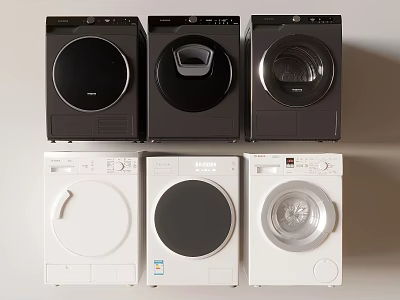 Black and White Front Loading Washing Machines Arranged in Two Rows with Modern Design 3d model