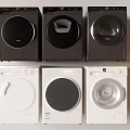 Black and White Front Loading Washing Machines Arranged in Two Rows with Modern Design