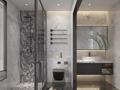 Modern Elegant Marble Bathroom With Frameless Glass Shower Enclosure And Sleek High Quality Sanitary Fixtures 3d model