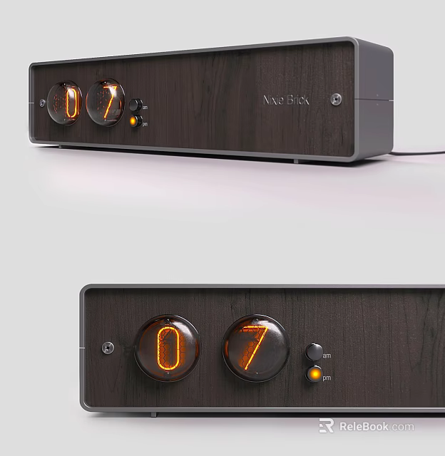 Black Wooden Modern Clock With Orange Digital Display And Control Knobs 3d model 