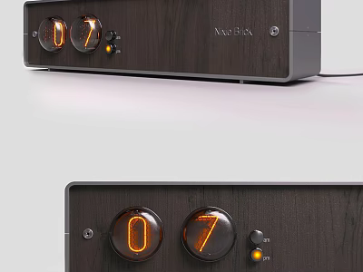 Black Wooden Modern Clock With Orange Digital Display And Control Knobs 3d model
