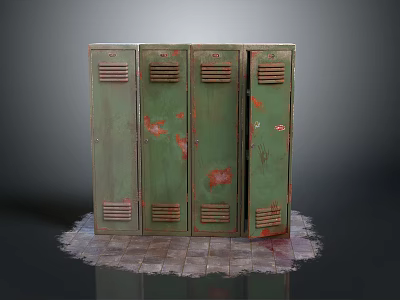 Old Green Rusty Lockers Standing On Worn Damaged Tile Floor 3d model