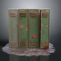 Old Green Rusty Lockers Standing On Worn Damaged Tile Floor 3d model