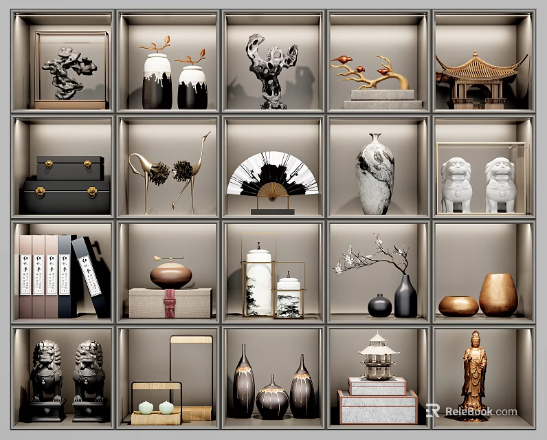 Elegant Decorative Ornament Sets on Display Shelves with Vases Sculptures Pagoda Lion Statues and Fans 3d model 