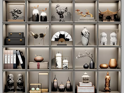 Elegant Decorative Ornament Sets on Display Shelves with Vases Sculptures Pagoda Lion Statues and Fans 3d model