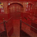 Cartoon Vintage Indoor Scene With Arched Windows Wooden Doors Carriage Staircases Yellow Walls And Red Floors