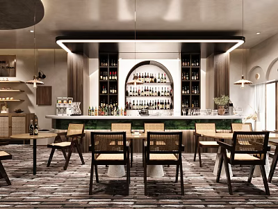 Modern Bar Interior Design With Arch Counter Wine Racks And Comfortable Seating 3d model