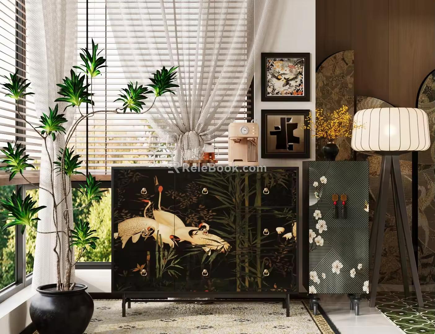 American Middle Ancient Bucket Cabinet Decorative Cabinet Hallway Cabinet Side Cabinet Potted Plant Floriculture Green Plant Middle Ancient Style Coffee Machine Screen Partition Middle Ancient Style Vintage Floor Lamp 3d model