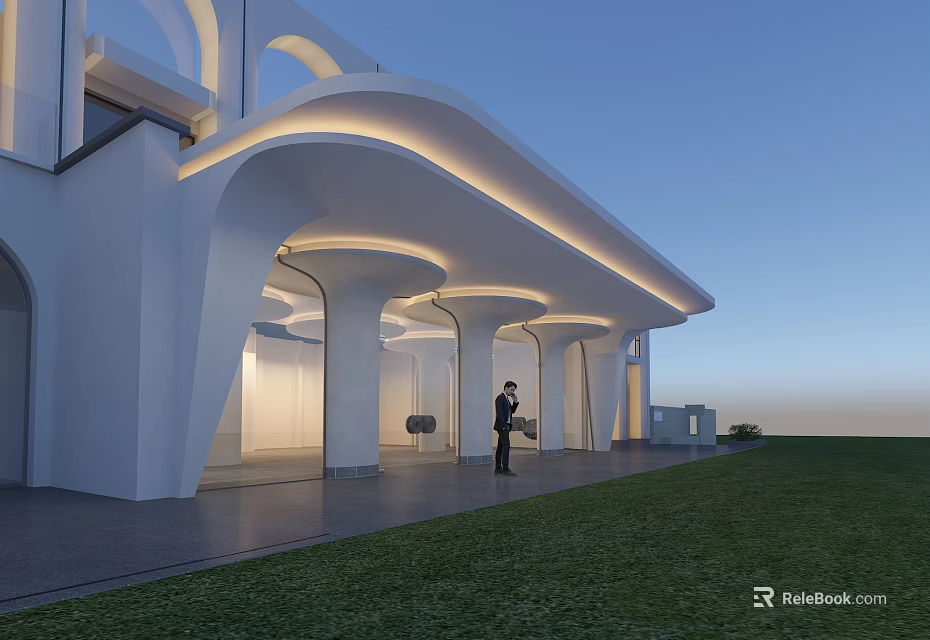 Modern Entrance Gate With Curved Architectural Structure And White Exterior Lighting Design 3d model 