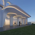 Modern Entrance Gate With Curved Architectural Structure And White Exterior Lighting Design