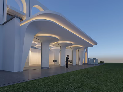 Modern Entrance Gate With Curved Architectural Structure And White Exterior Lighting Design 3d model