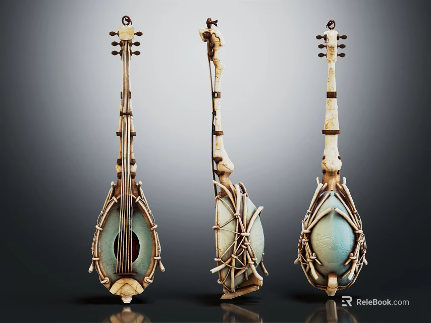 Three Unique Artistic String Instruments With Handmade Wooden Frames And Blue Panels 3d model 