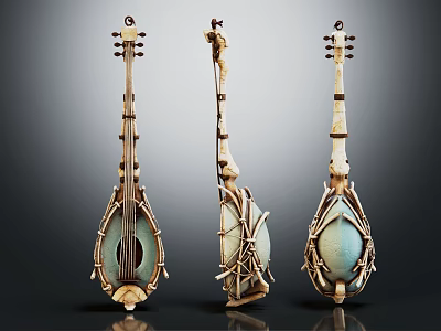 Three Unique Artistic String Instruments With Handmade Wooden Frames And Blue Panels 3d model