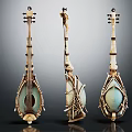 Three Unique Artistic String Instruments With Handmade Wooden Frames And Blue Panels